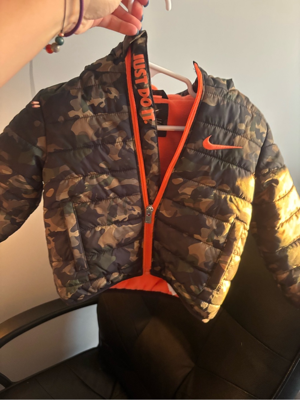 Nike Kids Camo Puffer Jacket with Bright Orange Trim
